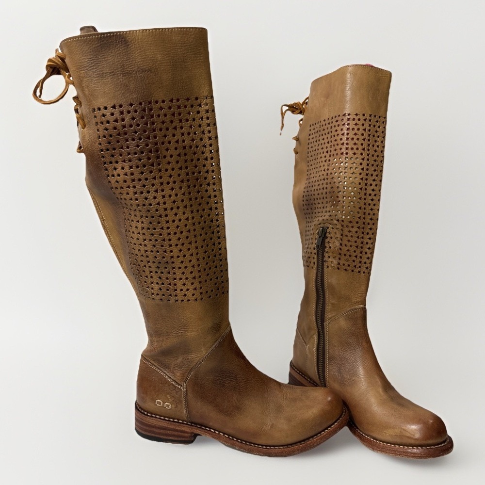 Bed Stu Cambridge Leather Knee High Boots Women's 7.5 Tan Driftwood Laser Cut - Picture 2 of 8